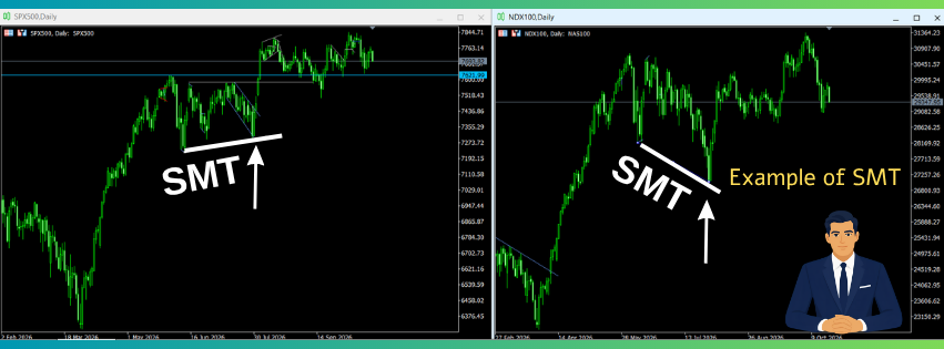 Trading chart example of SMT Divergence showing non-confirmation between SPX500 and NAS100 index futures.