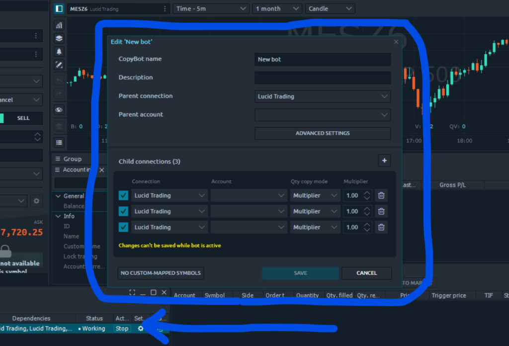 Quantower native CopyBot interface for setting parent and child accounts in futures copy trading.
