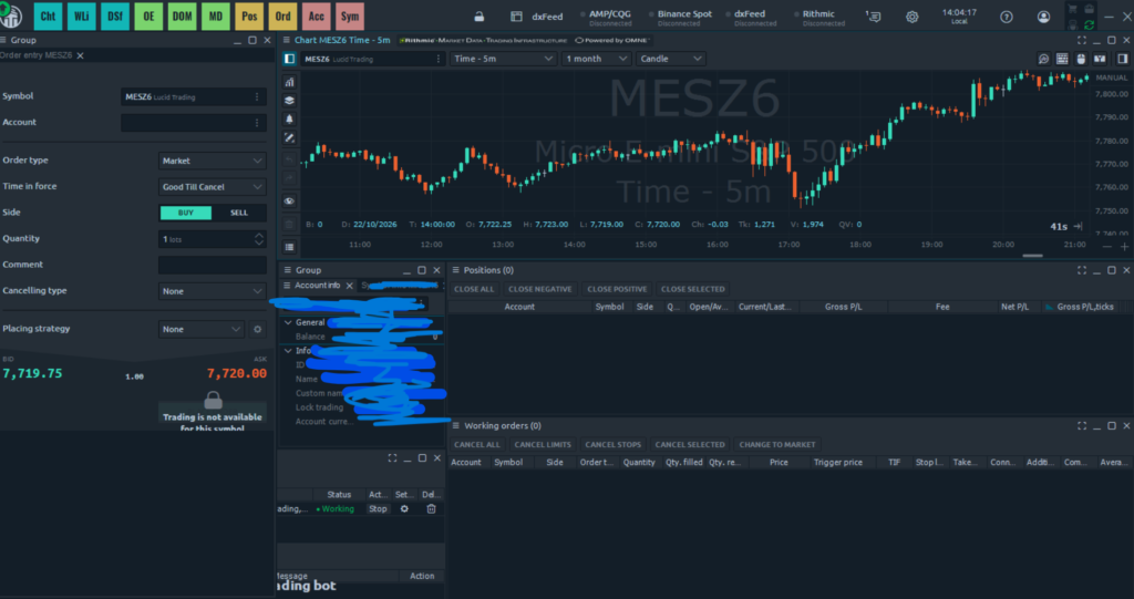 Quantower trading platform main interface showing advanced charts, DOM, and order entry for futures.